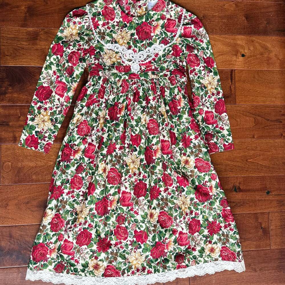 Vintage Bonnie Jean New York Red Floral Holiday Dress With Lace Trim Size 10